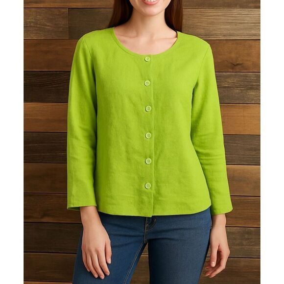 Flax Tops - Flax NWOT linen button front shirt lime green relaxed fit size S small